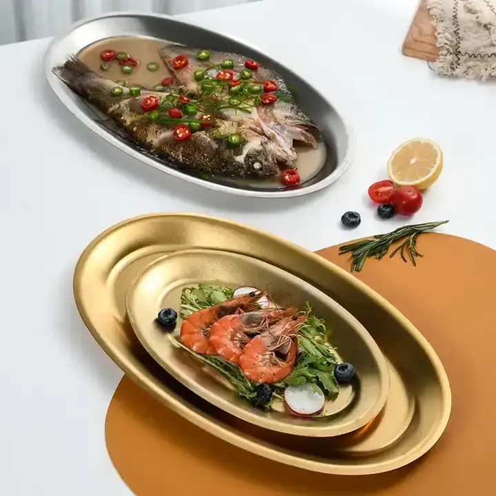 Luxury Style Stainless Steel Gold And Silver Plated Dinnerware Dishes & Plates gold plated serving tray restaurant serving plate