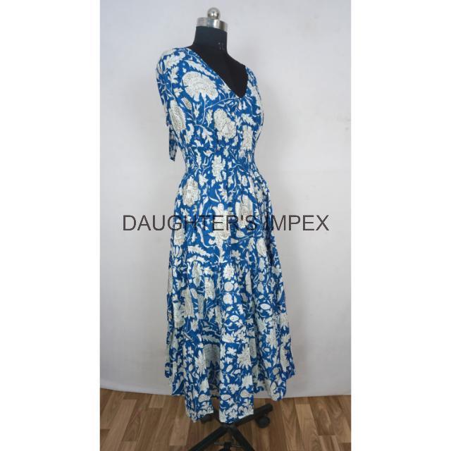 Hand Block Printed Women Dress Indian Handmade Tunic Dress Party Wear Light Weight Blue White Floral Summer Cotton Dress