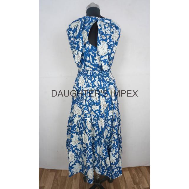 Hand Block Printed Women Dress Indian Handmade Tunic Dress Party Wear Light Weight Blue White Floral Summer Cotton Dress