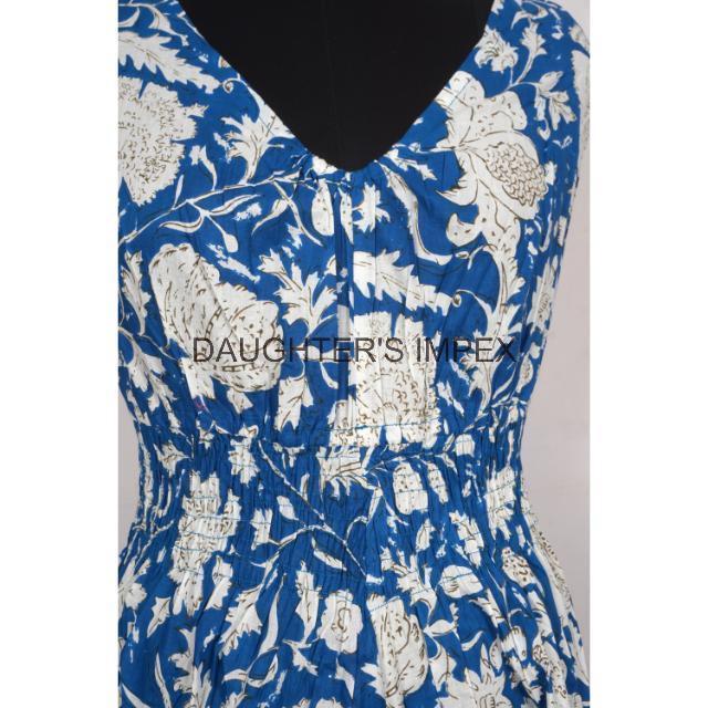 Hand Block Printed Women Dress Indian Handmade Tunic Dress Party Wear Light Weight Blue White Floral Summer Cotton Dress