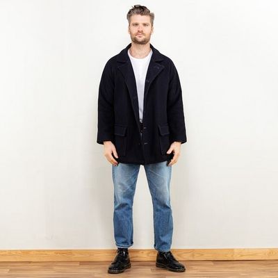 Men Wool Pea Coat 70's Vintage Single Breasted Short Coat Dark Blue Wool Minimalist Overcoat Winter Autumn Casual Smart Coat