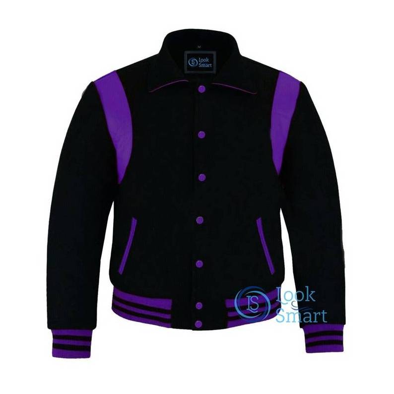 Men's Varsity Byron Collar Black Woolen Purple Leather Stripes Baseball Bomber Letterman Men's Women's Kid's college jacket