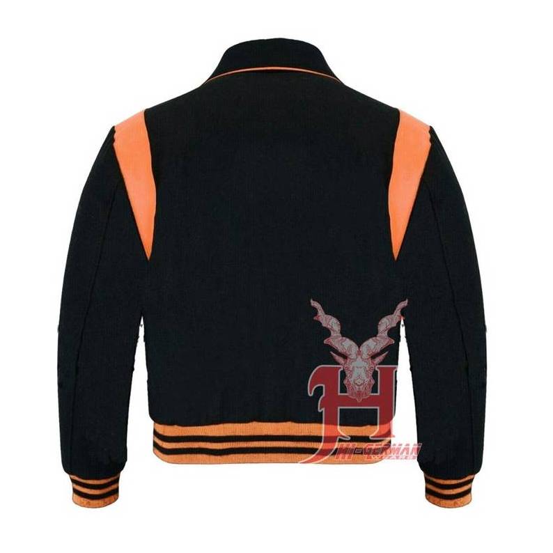 Men's Varsity Byron Collar Black Woolen Orange Leather Stripes Baseball Bomber Letterman  Men's Women's Kid's college jacket