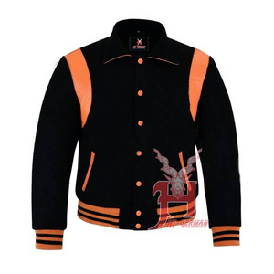 Men's Varsity Byron Collar Black Woolen Orange Leather Stripes Baseball Bomber Letterman  Men's Women's Kid's college jacket