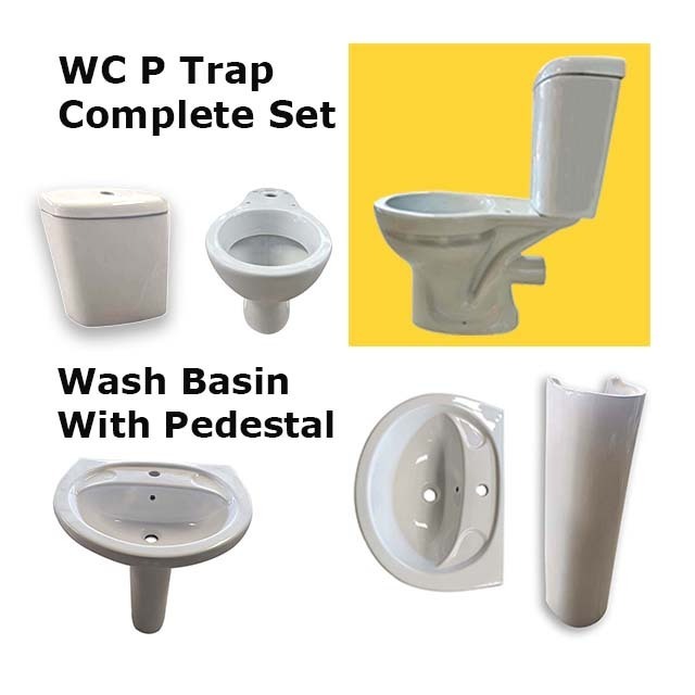 4 Four Piece WC with Tank and Wash Basin With Pedestal Bathroom Set Toilet Seat with Basin Soft Seat Cover Sanitaryware