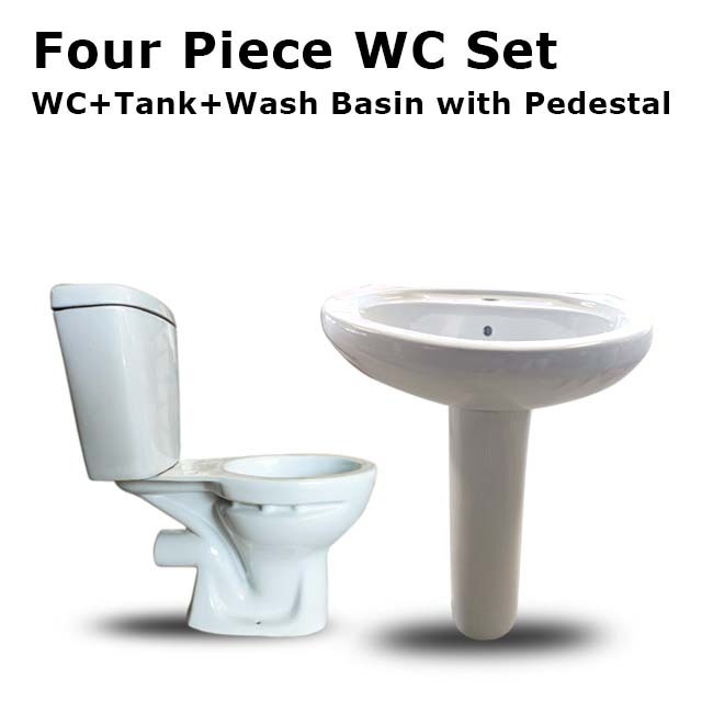 4 Pcs Luxury Bathroom Accessories Set  WC Toilet saet with Tank and Wash Basin With Pedestal Bathroom Set Toilet Seat with Basin