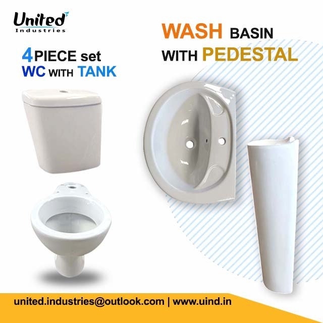 4 Four Piece WC with Tank and Wash Basin With Pedestal Bathroom Set Toilet Seat with Basin Soft Seat Cover Sanitaryware