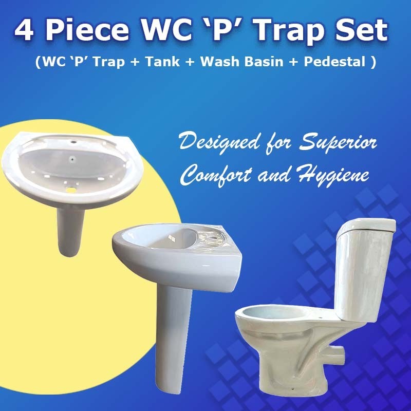 4 Four Piece WC with Tank and Wash Basin With Pedestal Bathroom Set Toilet Seat with Basin Soft Seat Cover Sanitaryware