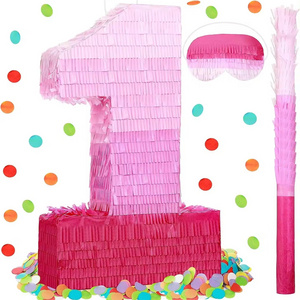 Number 0 to 9 Pink Pinata Decorations Birthday Pinata with Stick Blindfold Confetti for Girls Birthday