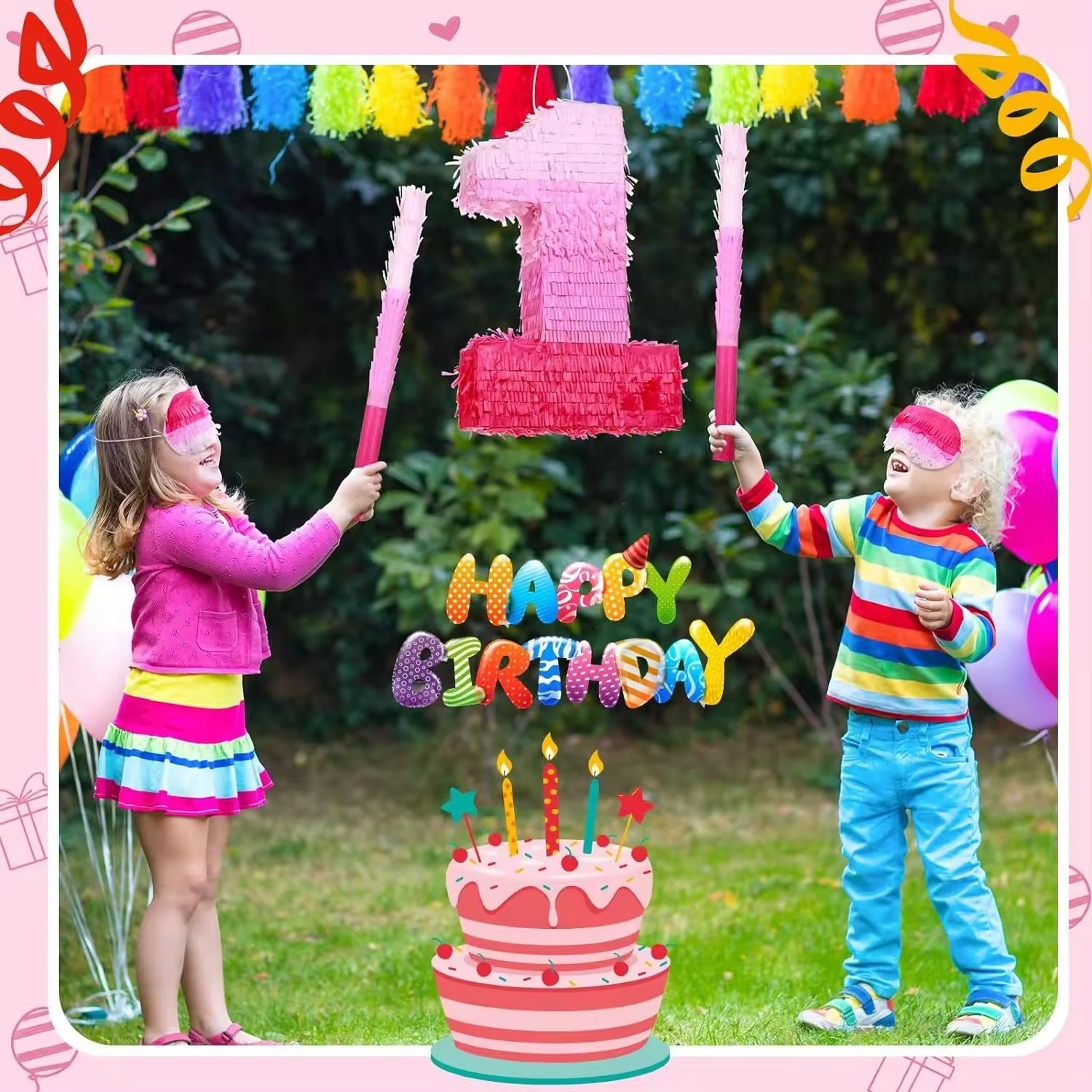 Number 0 to 9 Pink Pinata Decorations Birthday Pinata with Stick Blindfold Confetti for Girls Birthday