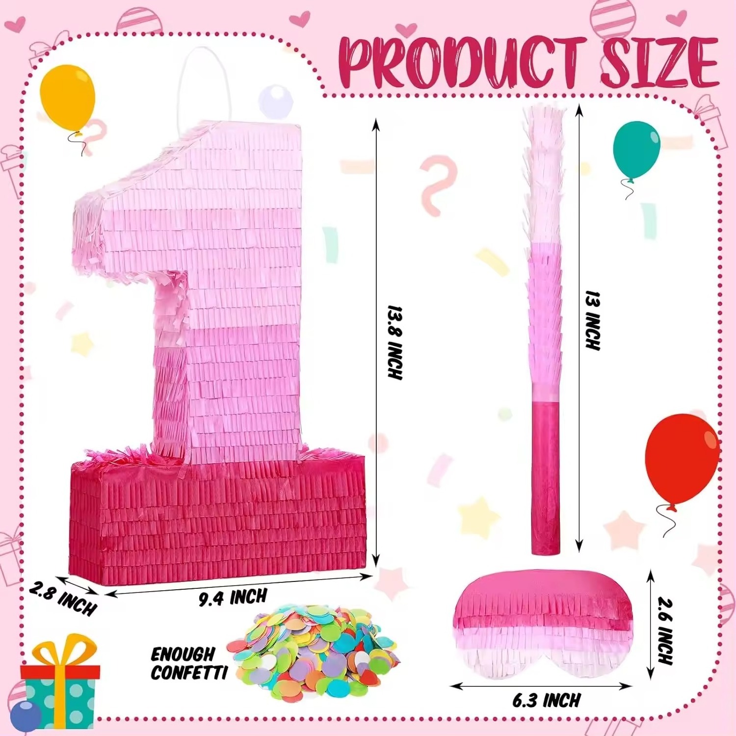 Number 0 to 9 Pink Pinata Decorations Birthday Pinata with Stick Blindfold Confetti for Girls Birthday