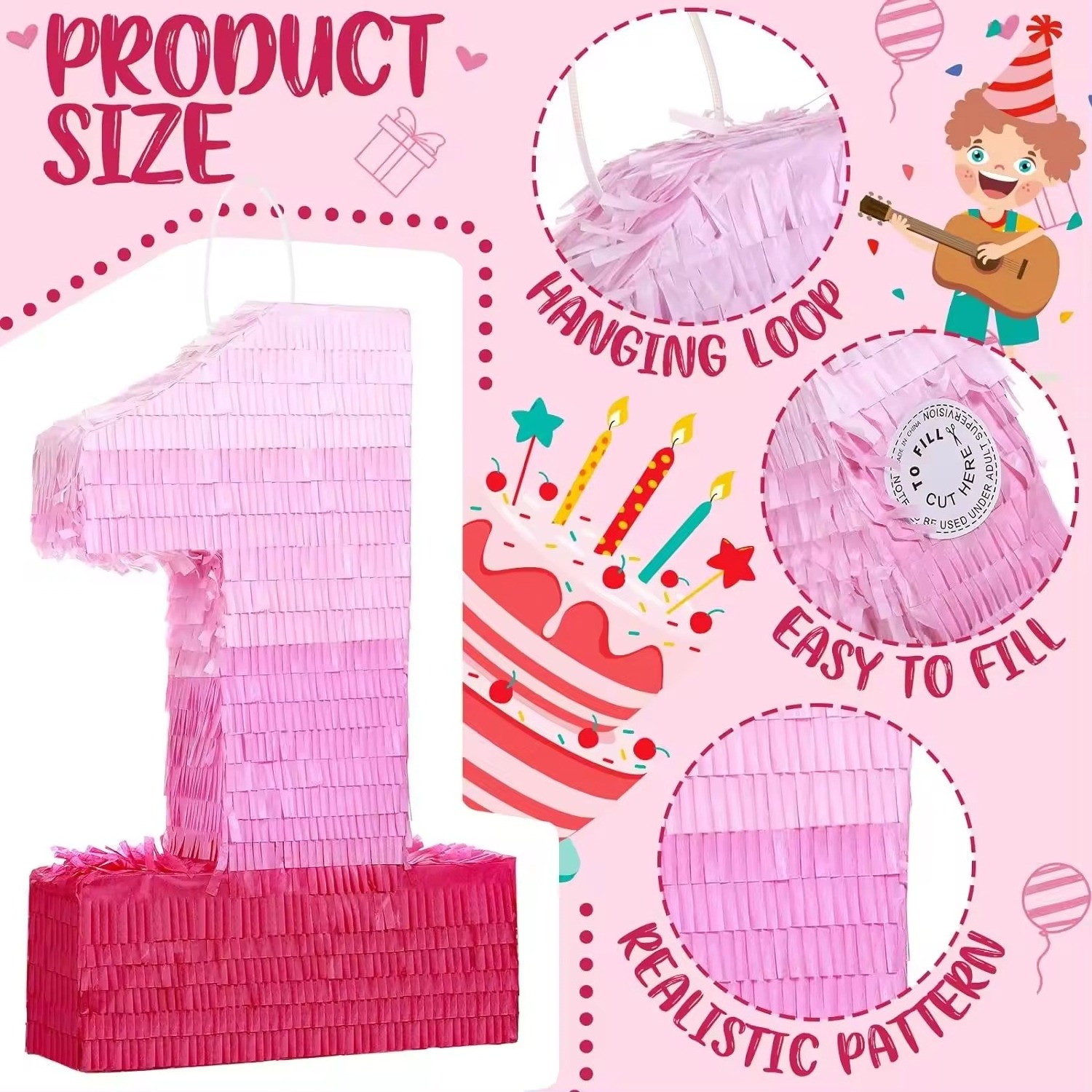 Number 0 to 9 Pink Pinata Decorations Birthday Pinata with Stick Blindfold Confetti for Girls Birthday