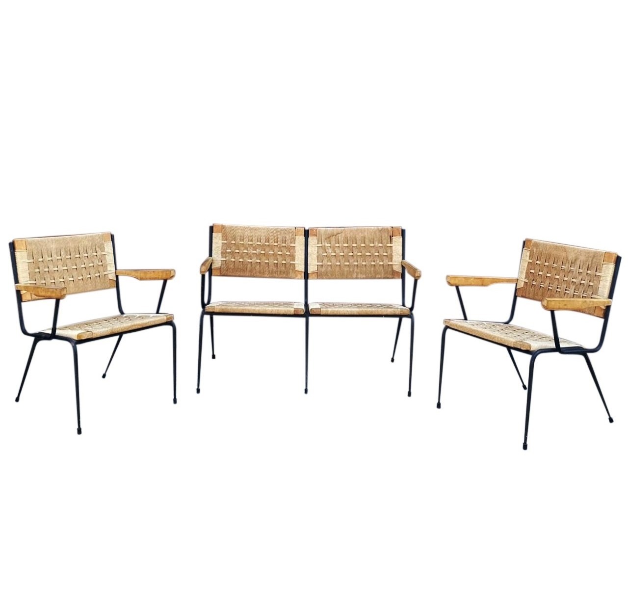 Wholesale High Quality Modern Chair Furniture Living Room Wood Iron Rattan Rope Bench & 2 Chair Backrest Dining Derma Chair