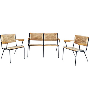 Wholesale High Quality Modern Chair Furniture Living Room Wood Iron Rattan Rope Bench & 2 Chair Backrest Dining Derma Chair