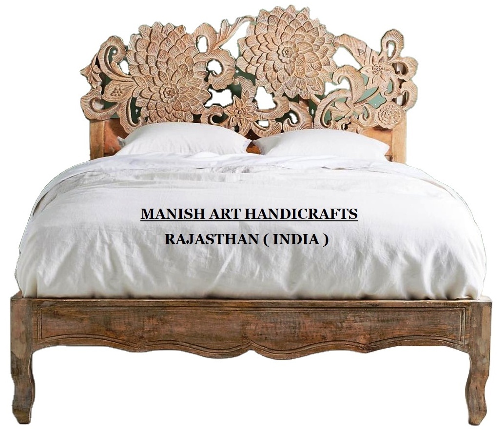 Wholesale High Quality Modern Luxury Antique Royal Bed Furniture American Living Room Premium Carved Wooden Rajasthani Lotus Bed