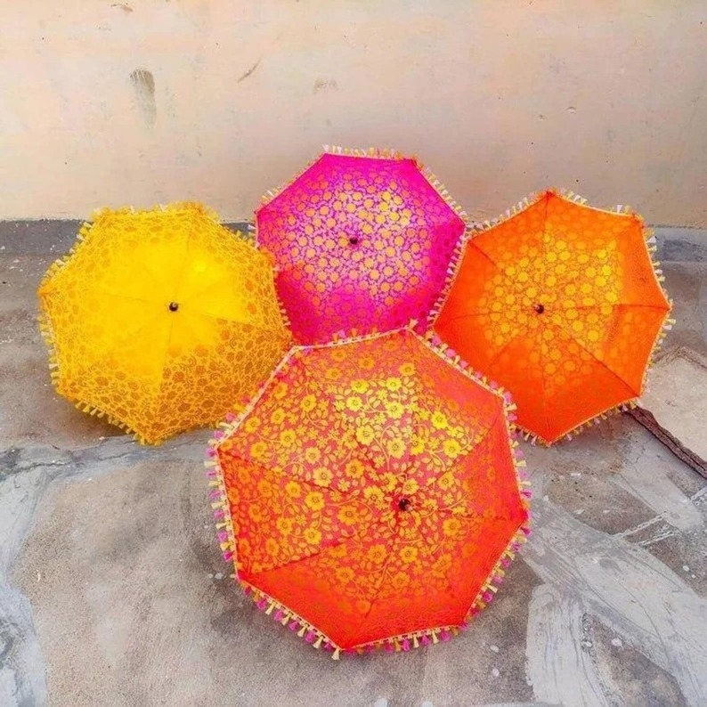 Assorted High Quality Golden Printed Decorative Silk Fabric Umbrella For Haldi Mehndi Sangeet Event Party Decoration