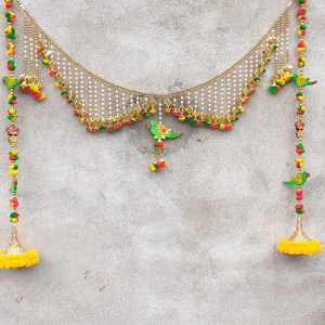 Handcrafted Pom Pom And Beads Wood Parrot Door Hangings Bandarwal Festive Flower Garlands Pooja Housewarming Diwali Haldi Decor