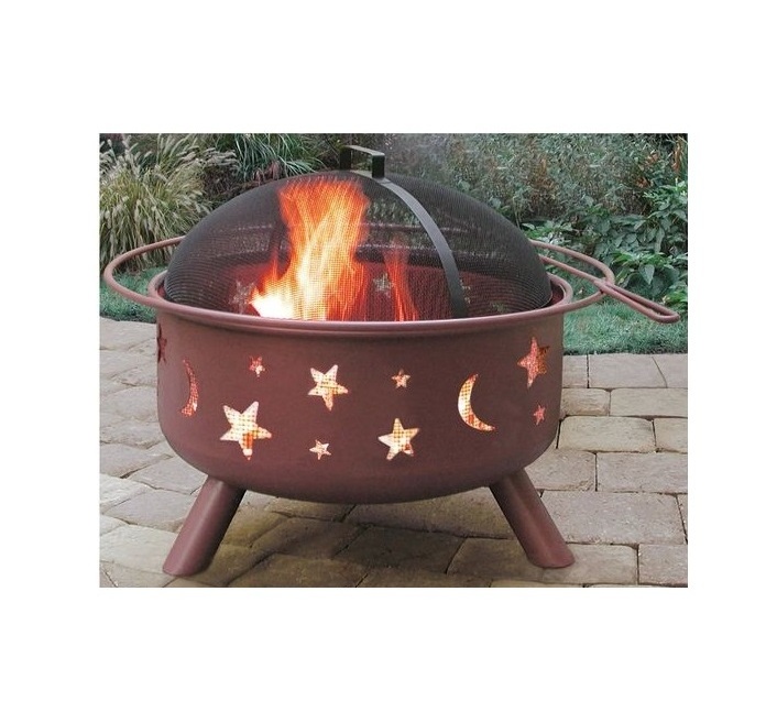 Outdoor Garden Wood Burning Fire Pit with Cooking Grate Moon Star Cutting Design Round Firepits for Outside With Spark Screen