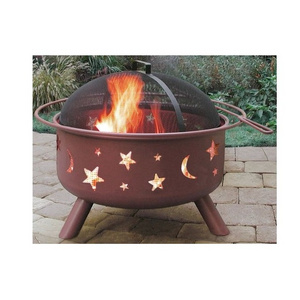 Outdoor Garden Wood Burning Fire Pit with Cooking Grate Moon Star Cutting Design Round Firepits for Outside With Spark Screen