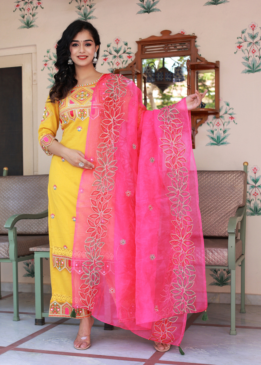 Women Yellow Embroidery Kurta Pant And Dupatta Set Casual Summer Cotton Long Dresses Ladies Fitted  Womens Clothes at Sale Price