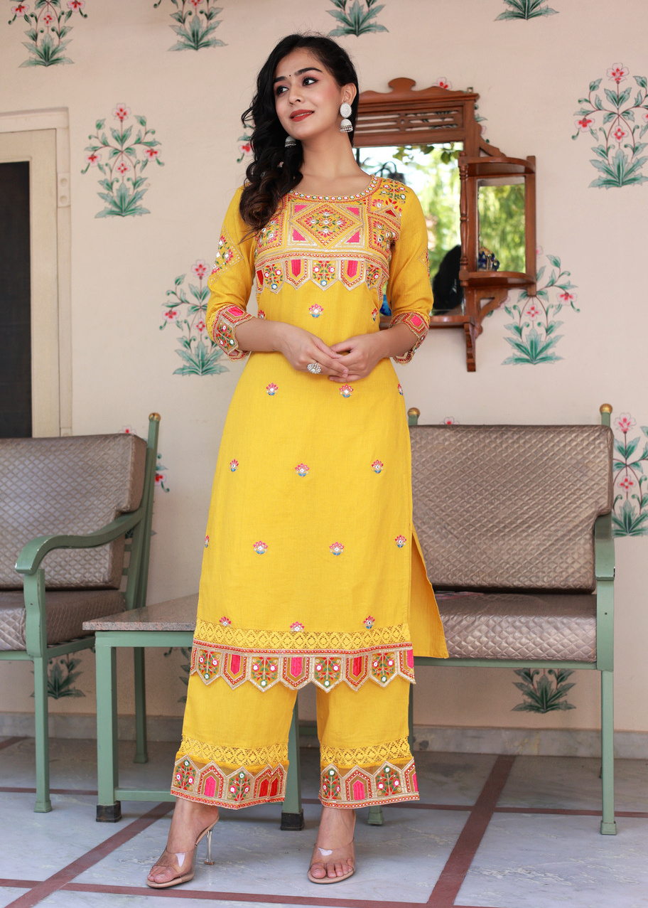 Women Yellow Embroidery Kurta Pant And Dupatta Set Casual Summer Cotton Long Dresses Ladies Fitted  Womens Clothes at Sale Price