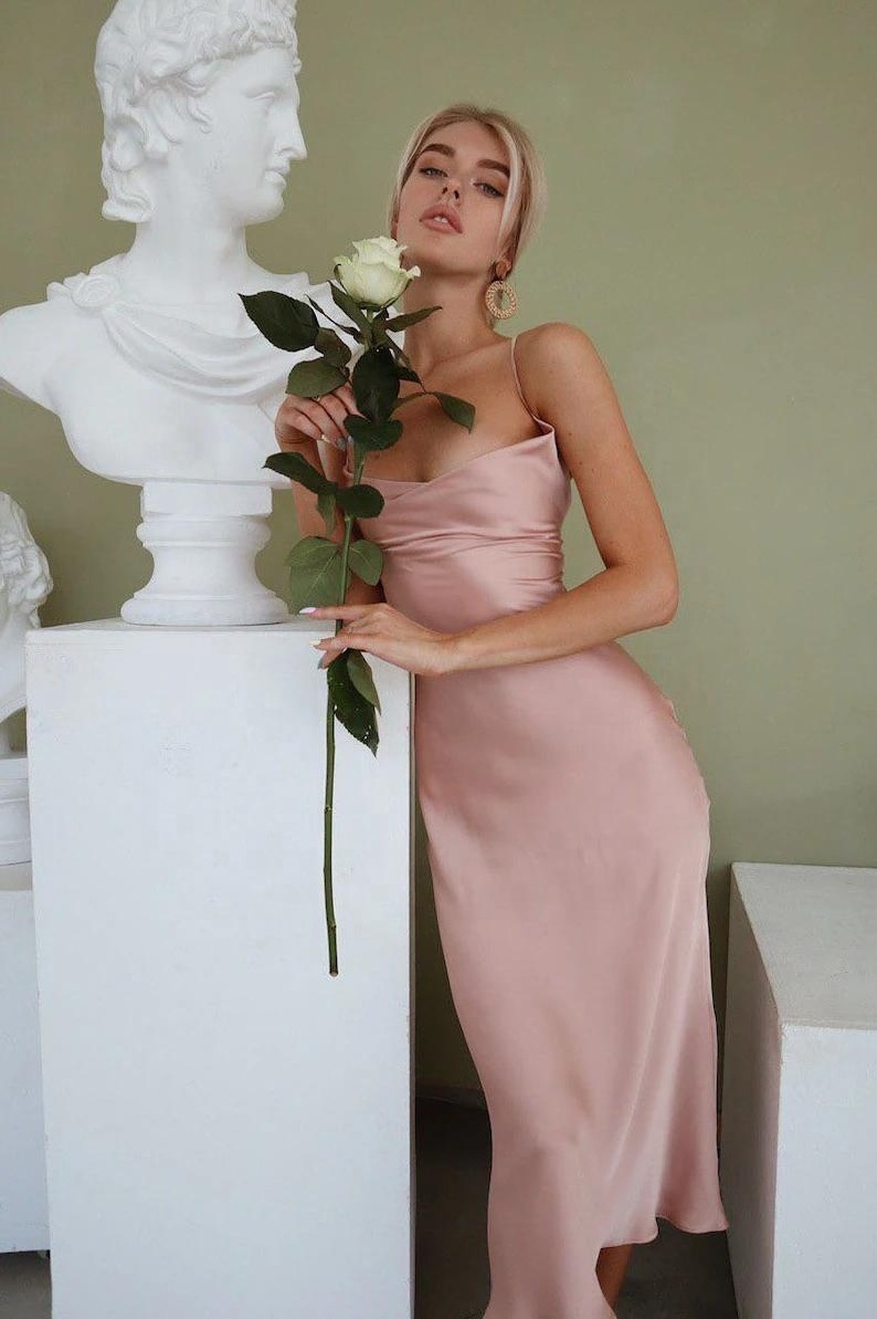 New Arrival Dusty Pink Silk Slip Dress With Cowl Neck for Special Occasions Backless Pink Midi Slip Dress For Women