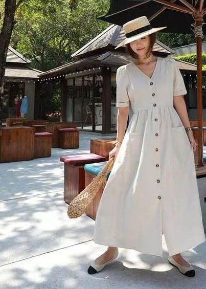 New Arrival Cotton Fabric Women Cotton Linen Shirt Dress V Neck Short Sleeve Button Down Casual Aline Long Midi Dress For Women