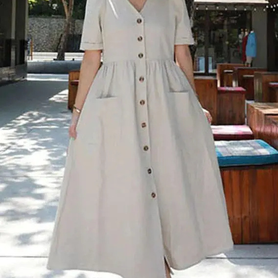 New Arrival Cotton Fabric Women Cotton Linen Shirt Dress V Neck Short Sleeve Button Down Casual Aline Long Midi Dress For Women