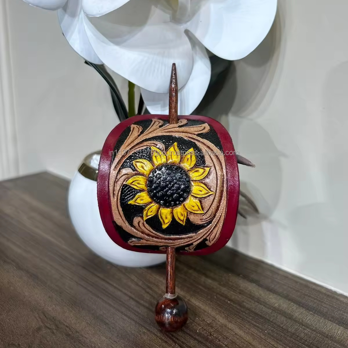 High Quality Western Genuine Leather Women Barrette Clips New Handcrafted Tooled Leather Vintage Hair Stick Sunflower Hair Stick