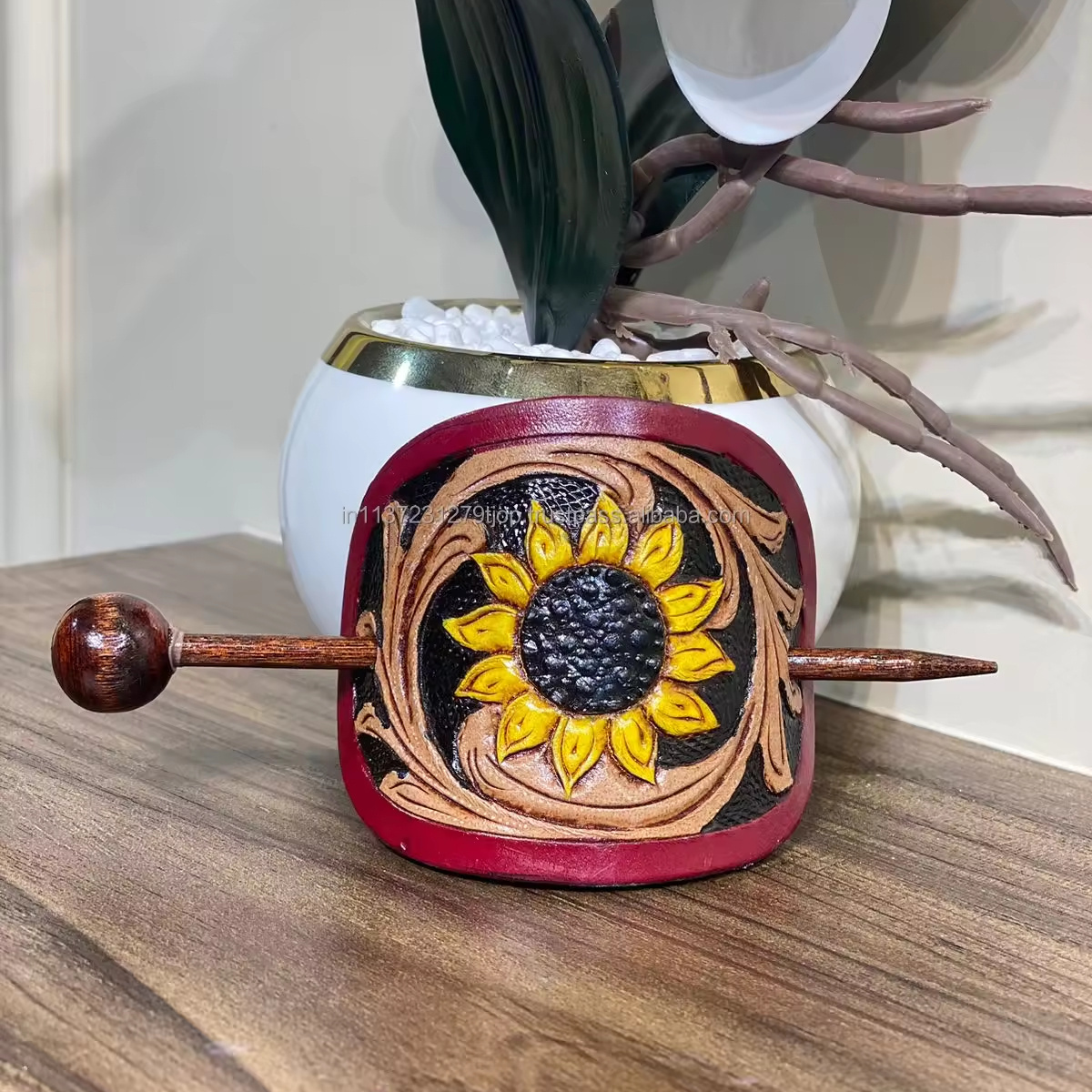 High Quality Western Genuine Leather Women Barrette Clips New Handcrafted Tooled Leather Vintage Hair Stick Sunflower Hair Stick