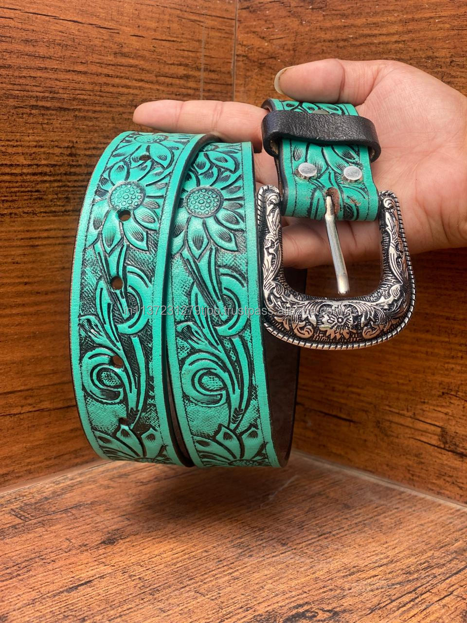 New Arrival Genuine Leather Western Hand Tooled  Turquoise Painted Floral Belts Real Handmade Tooled Leather Unisex Waist Belts