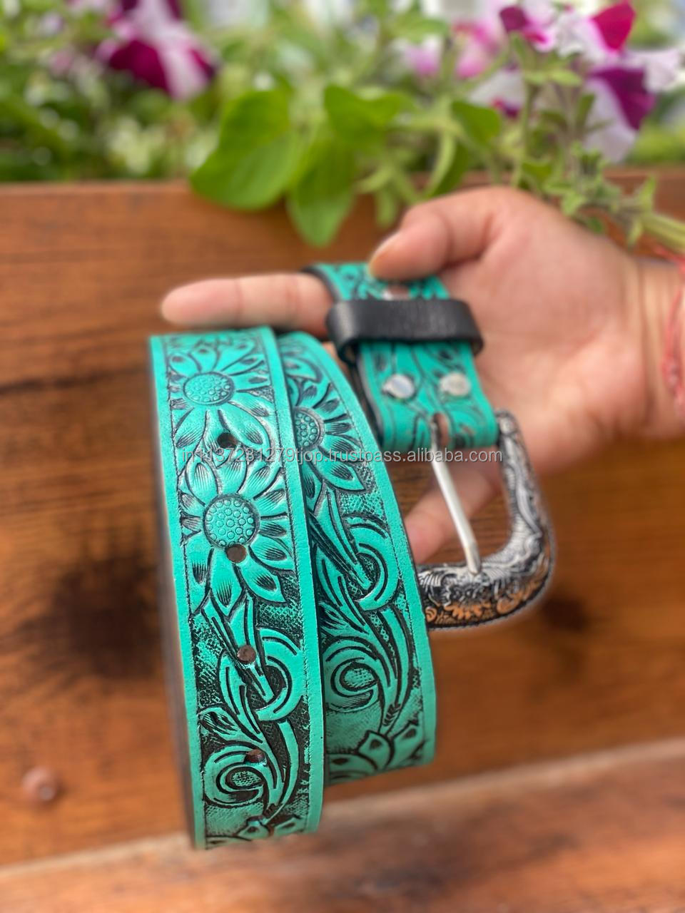 New Arrival Genuine Leather Western Hand Tooled  Turquoise Painted Floral Belts Real Handmade Tooled Leather Unisex Waist Belts