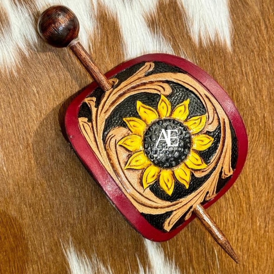 High Quality Western Genuine Leather Women Barrette Clips New Handcrafted Tooled Leather Vintage Hair Stick Sunflower Hair Stick