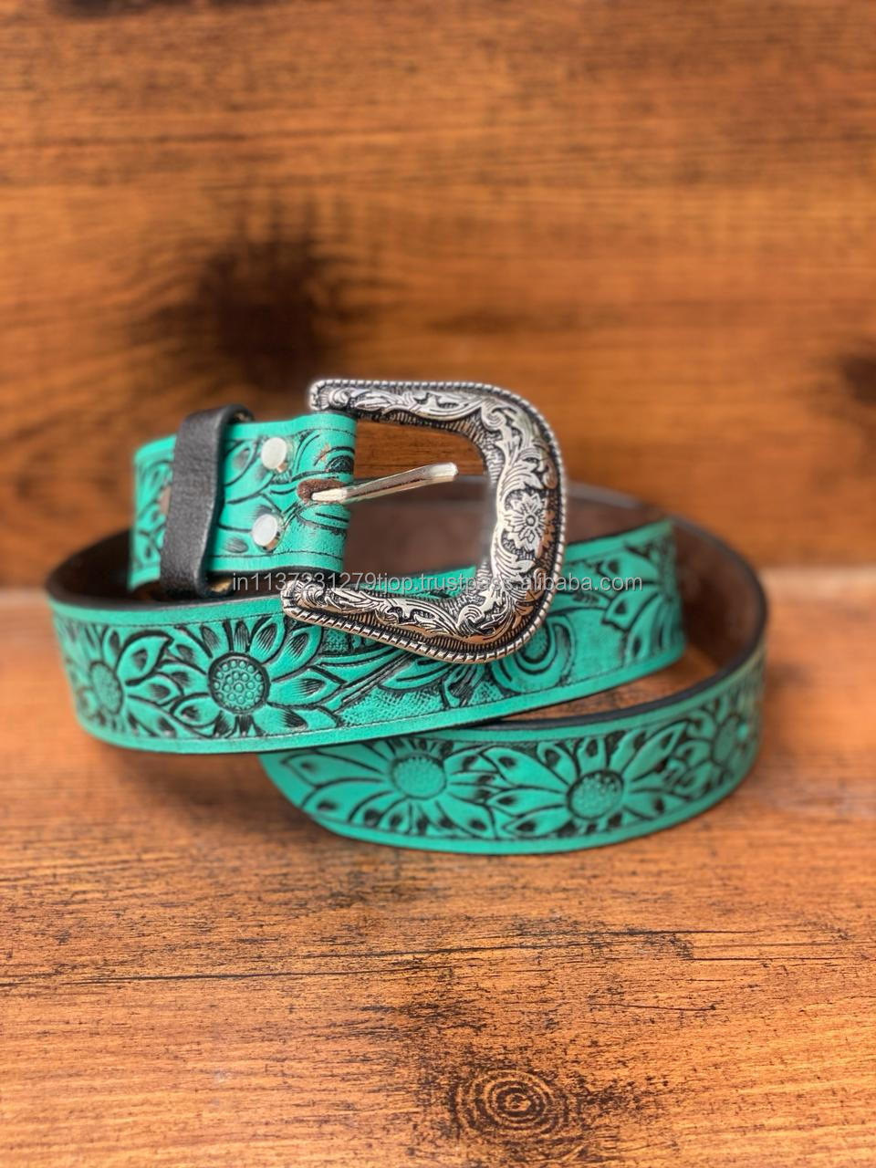 New Arrival Genuine Leather Western Hand Tooled  Turquoise Painted Floral Belts Real Handmade Tooled Leather Unisex Waist Belts