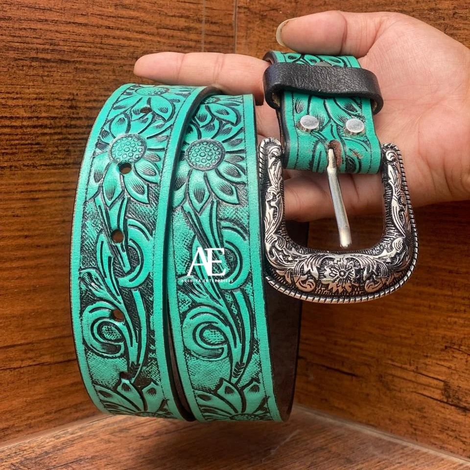 New Arrival Genuine Leather Western Hand Tooled  Turquoise Painted Floral Belts Real Handmade Tooled Leather Unisex Waist Belts