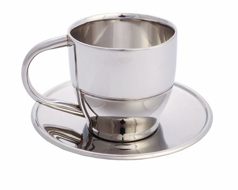 Polished Double Wall Stainless Steel Espresso Cup With Saucer 2 oz This espresso cup is made with food Grade Stainless Steel