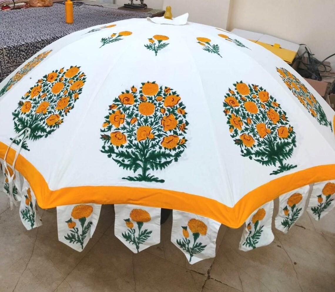 Garden Umbrella Indian Floral Patio Parasol Block Printed Large Umbrella Beach Outdoor White Sun Shade Patio Mughal Umbrella