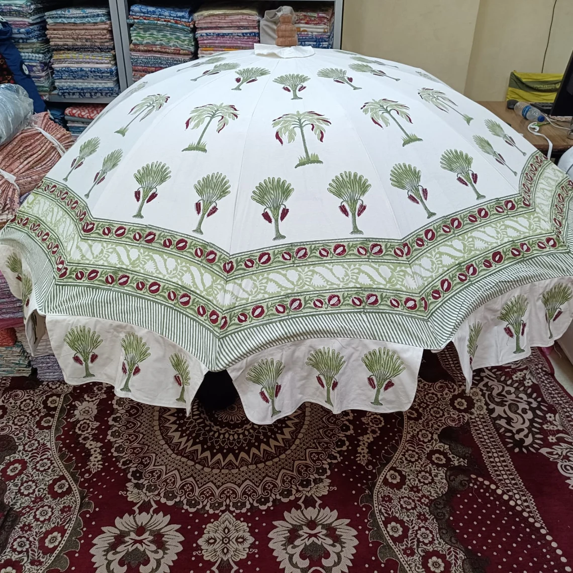 Garden Umbrella Indian Floral Patio Parasol Block Printed Large Umbrella Beach Outdoor White Sun Shade Patio Mughal Umbrella