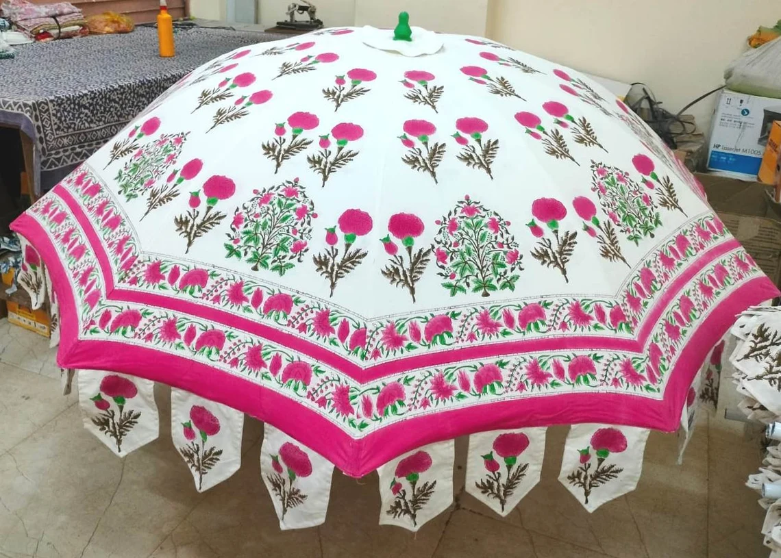 Garden Umbrella Indian Floral Patio Parasol Block Printed Large Umbrella Beach Outdoor White Sun Shade Patio Mughal Umbrella