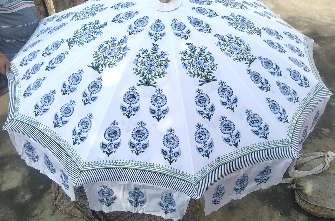 Garden Umbrella Indian Floral Patio Parasol Block Printed Large Umbrella Beach Outdoor White Sun Shade Patio Mughal Umbrella