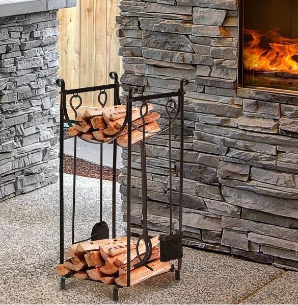 Firewood Log Rack with Tools, Fireplace Wood Storage Holder with Shovel, Broom, Poker, Tongs and Hooks  BY KSN