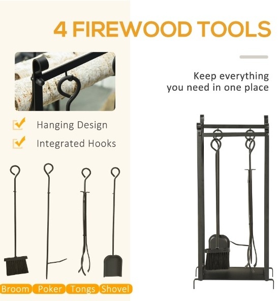 Firewood Log Rack with Tools, Fireplace Wood Storage Holder with Shovel, Broom, Poker, Tongs and Hooks  BY KSN