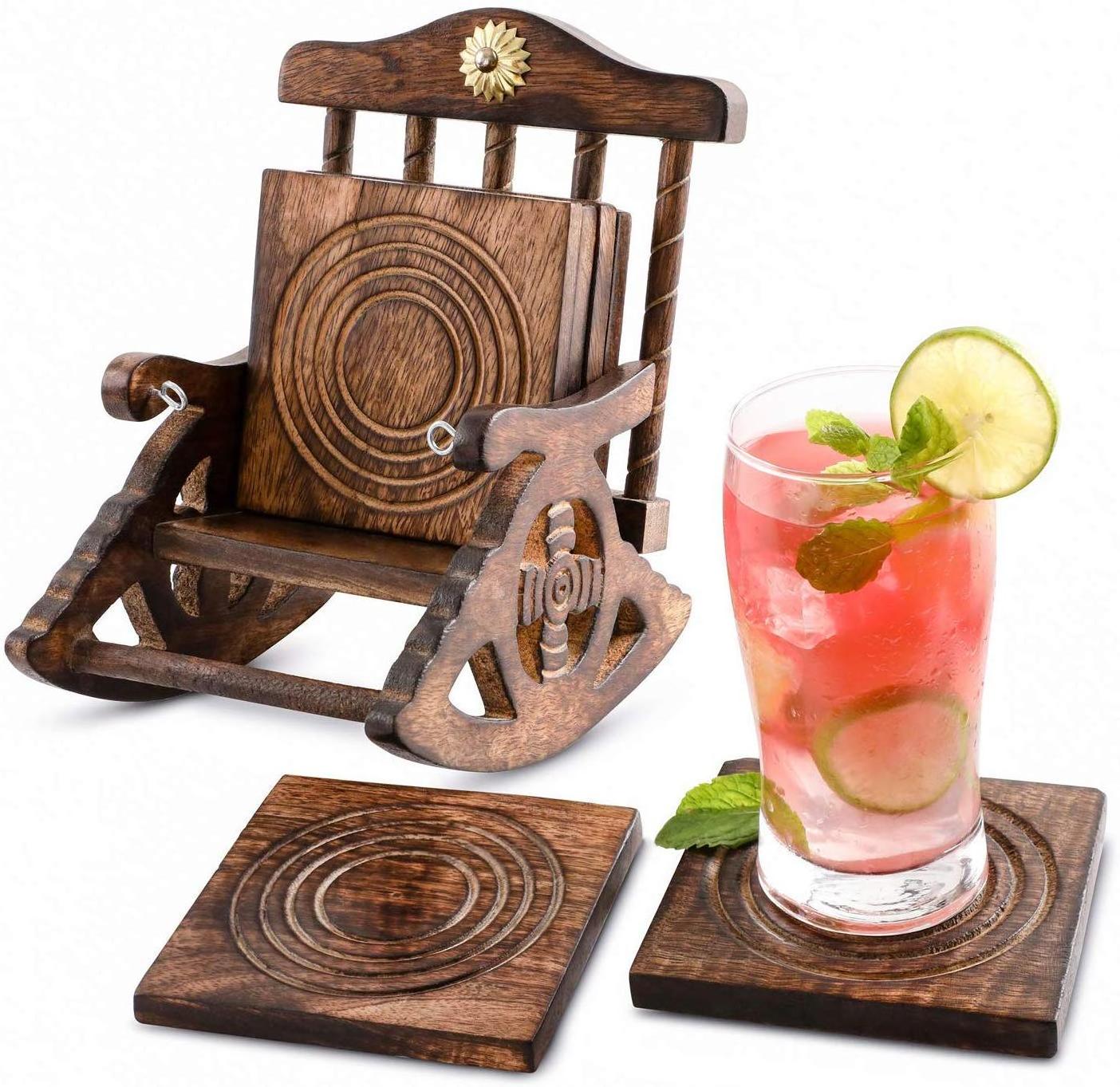 Wooden Set of 6 Coasters with Mini Chair Stand BY KSN