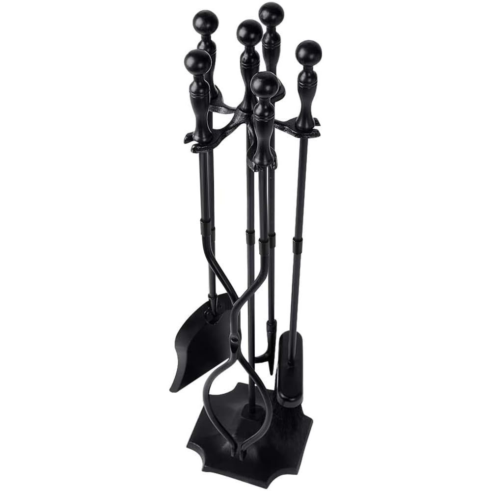 Rustic Fireplace Tools 5 Pieces Wrought Iron Tool Set Fireset Firepit Fire Place Pit Poker Wood Stove Log Tongs Holder Tools Kit