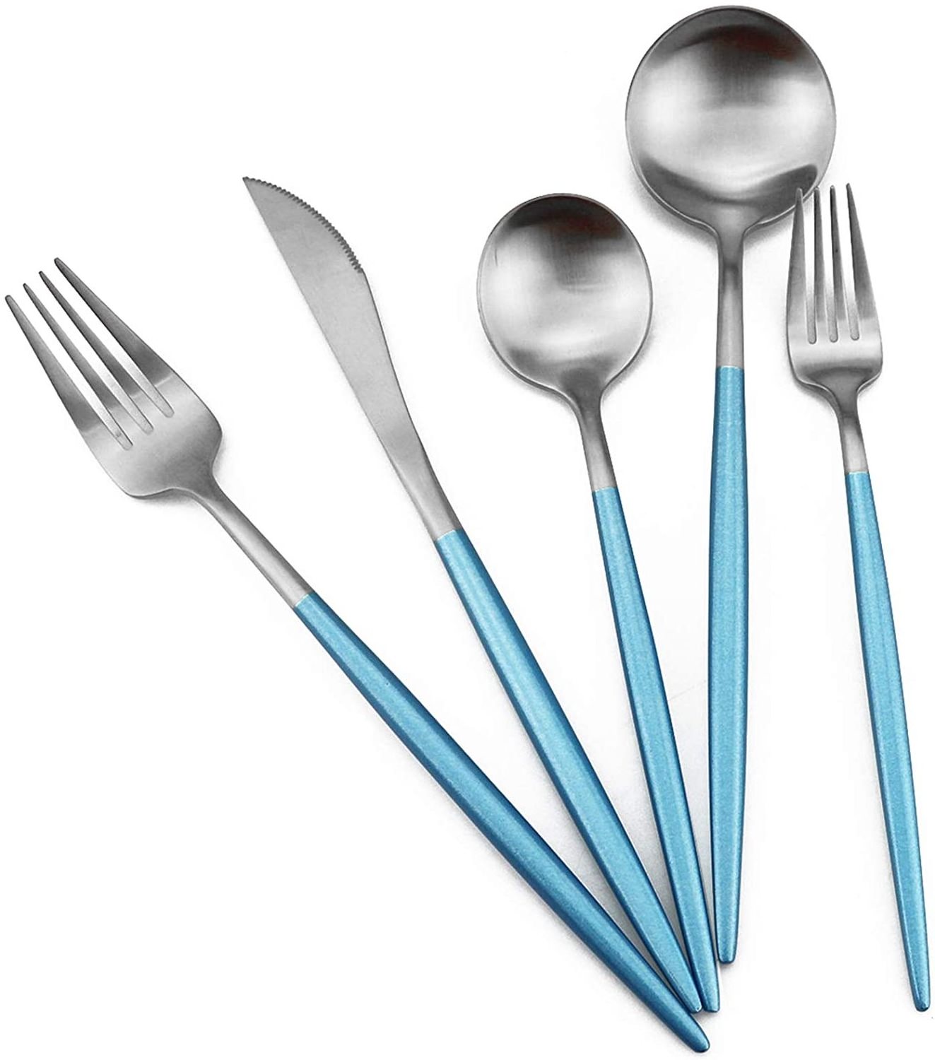 Matte Blue Handle Cutlery Set of 5 Pcs Table Spoon, Tea Spoon, Fork, Fruit Fork & Spreader- BY KSN