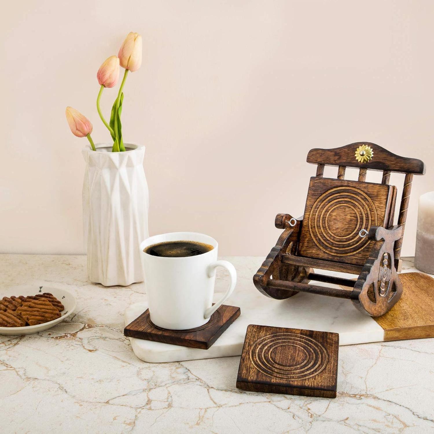 Wooden Set of 6 Coasters with Mini Chair Stand BY KSN