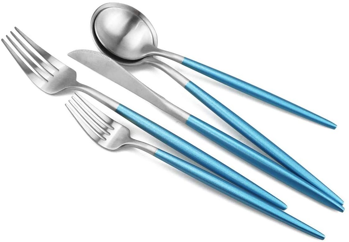 Matte Blue Handle Cutlery Set of 5 Pcs Table Spoon, Tea Spoon, Fork, Fruit Fork & Spreader- BY KSN