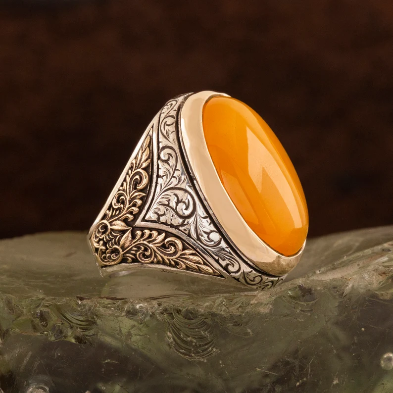 Yellow Onyx Ring Turkish Men Black Oxidize Unique Design Solid 925 Sterling Silver Ring Silver Jewelry Amazing Rings