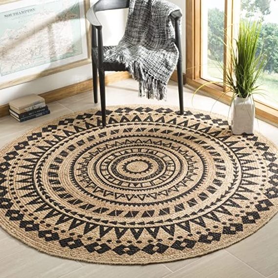 Nature4u Beautiful Handwoven Round Jute Floor Braided Reversible Mandala Braided round printed  Jute Area Rug