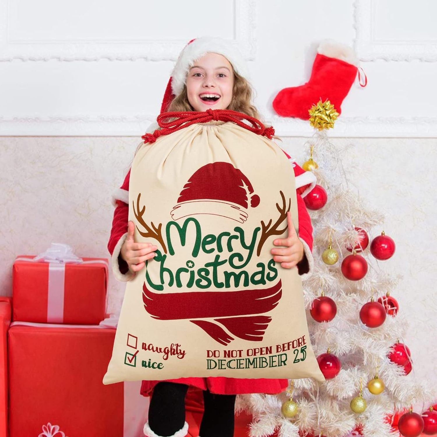 Hot selling Christmas Gift Bag With Drawstring Santa Sacks Candy Cookie Storage Large Bag Xmas Tree Ornament Festival